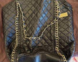 Black Leather Amrita Singh Quilted Chain Tote 