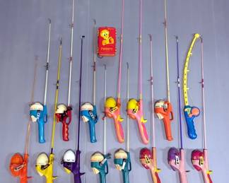 Cartoon Themed Children's Fishing Poles, Qty 15, Characters Include Looney Toons, Mickey Mouse, Snoopy, Disney Princess, Barbie, And More, And Tweety Tackle Box