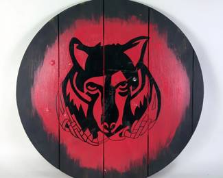 Norman Nasal Steel Helmet, Wood Shield With Wolf Image, 23" Diameter, And Saucer Sled Used As Reenactment Shield