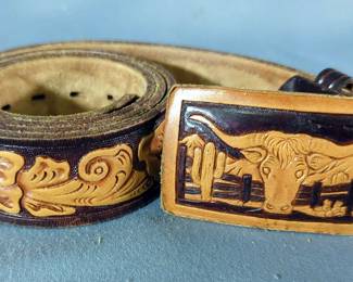Ortega's Tooled Floral Leather Belts And Buckles, Chamber's Hand Painted Leather Belt And Buckle, And Bona Allen Tooled Leather Belt
