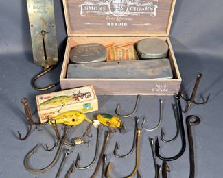 Fred C Young 25th Anniversary Big O Lure, Crappie Lure, Brass Spring Scale (No Spring), Fishing Hooks, Qty 17, Largest Is 7" Long, Nylon Leaders, Dispensing Leader Boxes, Leader Stow, And Mark Twain Wood Cigar Box