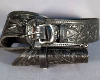 Tooled Leather Holster On Tooled Leather Belt With Cartridge Loops, Marked 22 Mexico 40