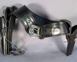 Leather Holsters On Leather Belt With Cartridge Loops, Marked 40 Mexico 44 45