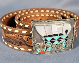 Covered Wagon Belt Buckle Signed By Artist Allyn And Verna Zunie, Believed To Be Sterling Silver, Turquoise, And Pearl, And Ortega's Genuine Leather And Hand Laced Tooled Belt By Chambers, Marked 42