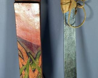 Machete With Leather Wrapped Handle, 16.75" Blade, In Leather Sheath With Bamboo Design