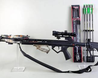 Rear X Saga 405 Crossbow, Adjustable Butt Stock, 4x32 Scope, Padded Sling, Broadhead Bolts, Qty 4, In Quiver, And Rear X Bolts, Qty 4, In Box