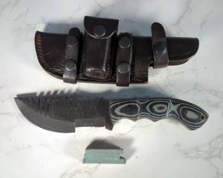 Fixed Blade Knife With 5" Etched Blade, In Leather Sheath With Whetstone