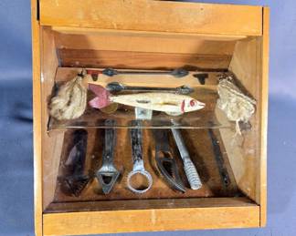 Display Box, Contents Include Pflueger Double-Ended Hook Removers, Fish Scalers, Handmade Lure, Lighter With Marlin Décor, Hollydale Rod & Gun Club Button, Ft. Sill Fish & Wildlife Assn. Member Button, And More