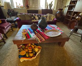 Oaxaca pottery signed, beautiful Mexican baskets with papier-mâché fruit and vegetables really comfy couch, Antique highchair giant candlesticks
