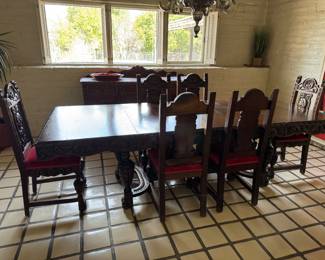 This Spanish colonial antique table and chairs also includes a buffet side buffet in China cabinet! It was purchased at a very prominent Antique Store