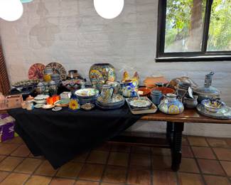 Beautiful Oaxaca vases and Talavera plates, casserole, dishes, vases, candlesticks bowls, salt, and pepper shakers and a plethora of other Talavera