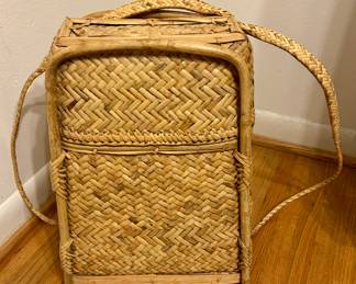 Very neat vintage woven, wicker and bamboo wood backpack
