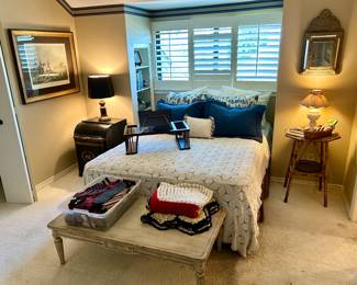 Lovely crochet bedspread, vintage bamboo side table & Antique French Repousse mirror 