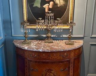 Gorgeous French deilune commode/buffet & antique chandeliers 
