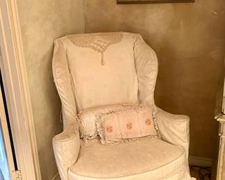 Sweet vintage slip covered wing-back chair 