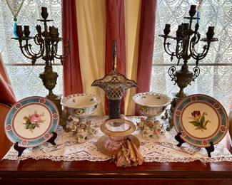 Wonderful decorative plates, antique candelabras and Dresden porcelain 