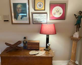 Very neat Antique long wooden trunk, wall art and bronze statue 