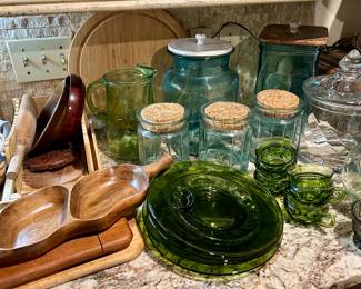 Very nice vintage canisters with wood lids and other vintage dinnerware