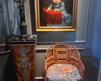 Maitland Smith pedestal; very nice candelabra; vintage Drexel bamboo chair, and another original 19th century painting 