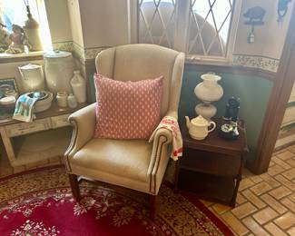 Sweet wing-back chair, vincas free lamp, & stoneware pieces including red wing crocks
