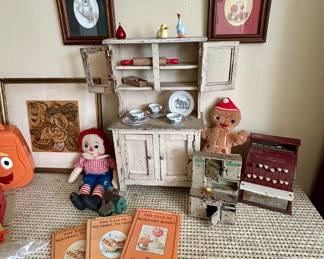Lovely Antique dolls kitchen, Knickerbocker, plush, And raggedy Ann doll