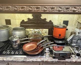 Cookware including copper-chef cooking pans,  a vintage electric meat slicer (works great) & small kitchen appliances 