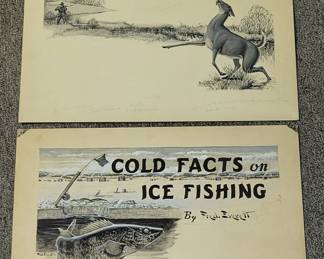 Fred Everett original artwork on board,  "cold facts on fishing" sportsman.