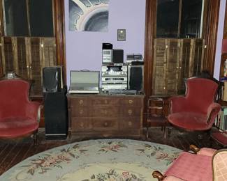 Pair of Victorian Eastlake Red velvet parlor chairs, several area rugs, books, cds, stereo equipment