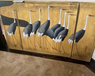 Mid Century authorized copy of Ogata Korin framed oil on canvas Japanese Crane Triptych Painting. 