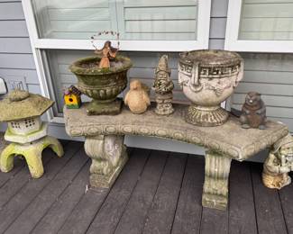 Cement garden bench, cement pots, garden figurines