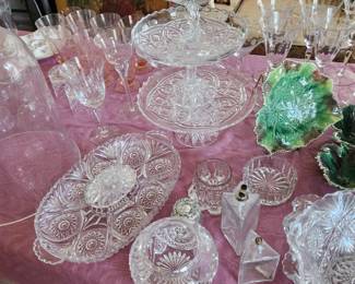 Cake stands(about 6) and crystal and pressed glass