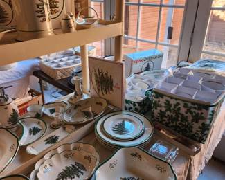 Huge lot of Xmas dishes--glasses, plates, serving
