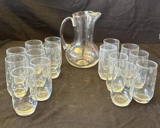 Lot # : 352z - Vintage glass pitcher & 15 etched glasses

