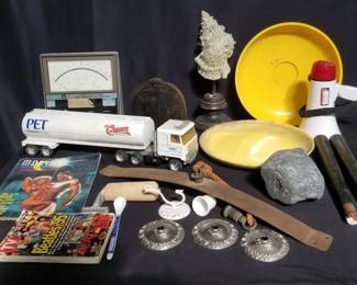 Lot # : 587 - Box of miscellaneous: comic book, toy truck,
