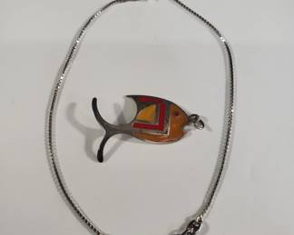 Lot # : 284 - Enameled sterling silver fish pendant and
