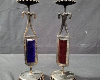 Lot # : 254 - Pair of vintage wrought-iron candlesticks with colored glass inserts 
