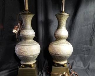 Lot # : 455 - Pair of vintage hand painted brass table lamps
