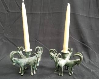 Lot # : 166 - Pair of vintage brass ram candleholders
