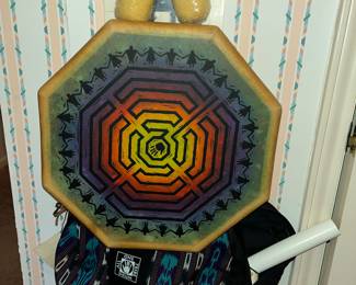 "ALL ONE TRIBE" RAWHIDE HAND DRUM w/ 4X DRUMSTICKS, CASE & HANGER