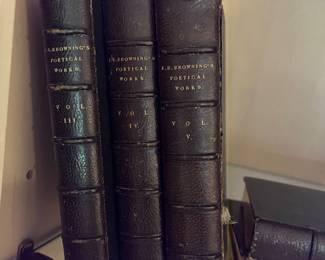 5 VOL SET E.B. BROWNING POETICAL WORKS, LEATHER BINDING, 1880