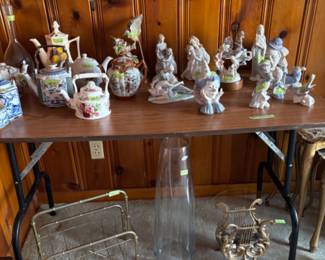 Vintage teapots, Paul Sebastian porcelain figures, Vintage Blenko glass clear crystal ribbed floor vase, Vintage cast iron Lyre Gold harp with glass top