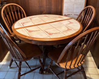 1970’s Tile top oak table with 4 chairs and leaf