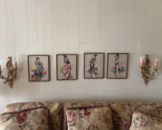 Syroco double arm candle wall sconce - pair.   G C Chelonia Japanese geisha girls - stencil cut paper