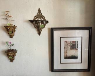 Small folding wall shelf, vintage shelves, Tony Casper “Red Ivy Window” print