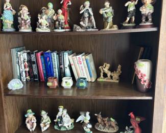 Books, bookcase, misc porcelain figurines,Royal Copley pink and brown dogwood flower vase