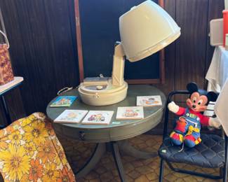 Vintage tray, hair dryer, table, chalkboard, child’s chair and Mickey mouse