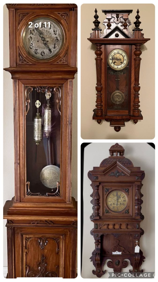 Johann Holecek grandfather clock.  German. Etched Weights & Pendulum - early 1900,s. 2 antique Gustav Becker wall clocks. They all work.