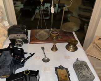 Vintage brass scale, antique gunpowder case, etc.