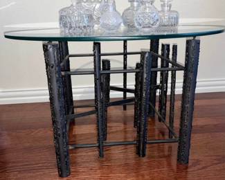 Mid-Century Modern Brutalist torch-cut multi-tube black iron base low table w/glass top -collectible