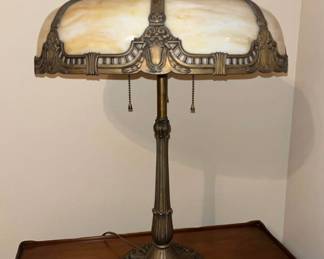 Antique bronze and slag glass art nouveau lamp, three sockets.